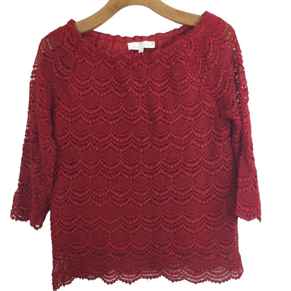 RSVP by Talbots Off Shoulder Lace Medallions Scallop Hem Blouse Top Red Medium